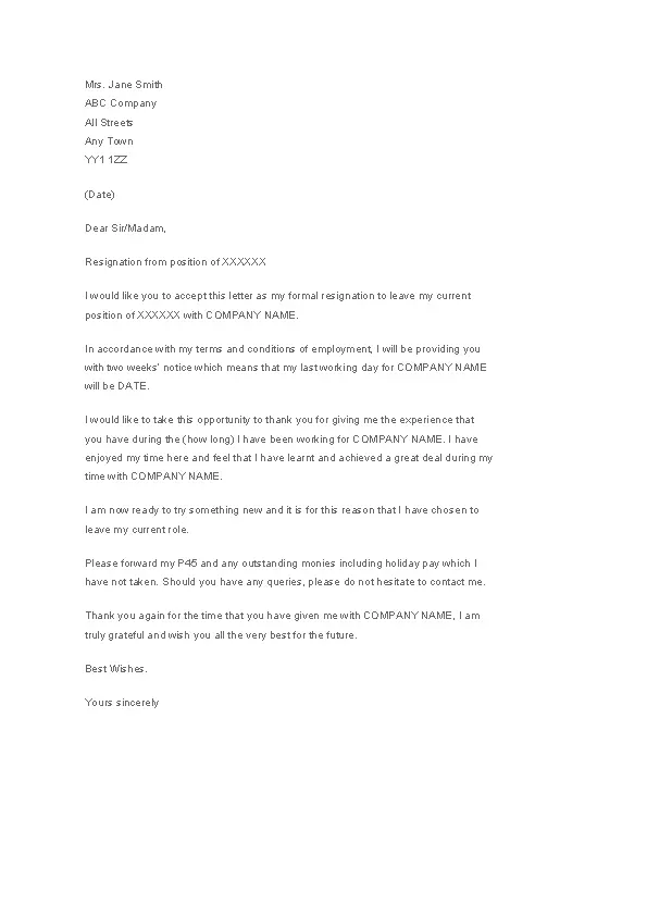 Two Weeks Notice Formal Letter Template