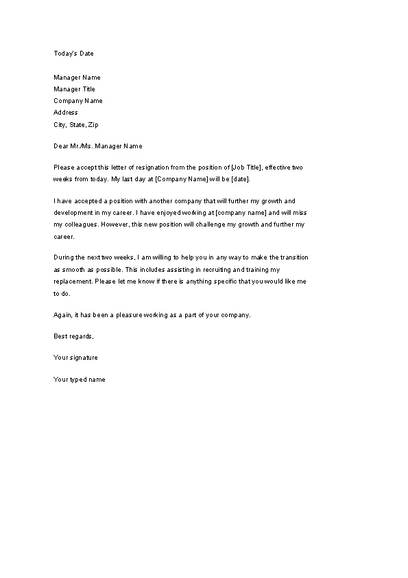 Two Weeks Notice Formal Letter