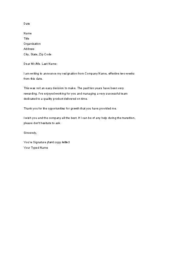 Two Weeks Notice Letter Example