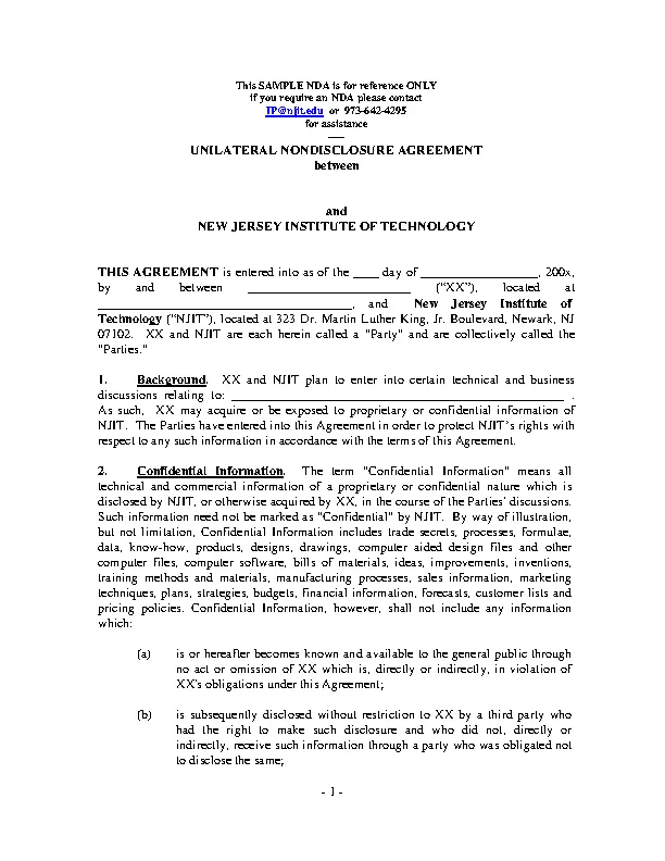 Unilateral Non Disclosure Agreement Template