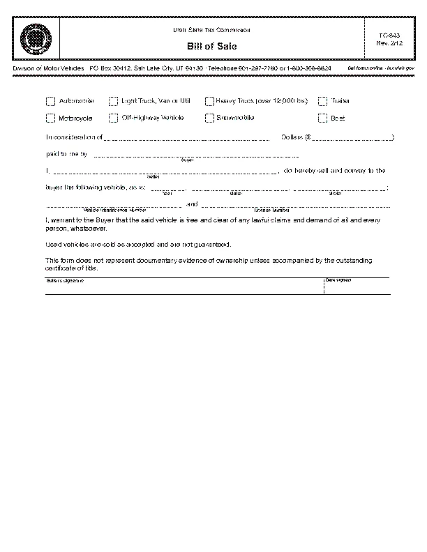Utah Automobile Motorcycle Bill Of Sale Tc 843