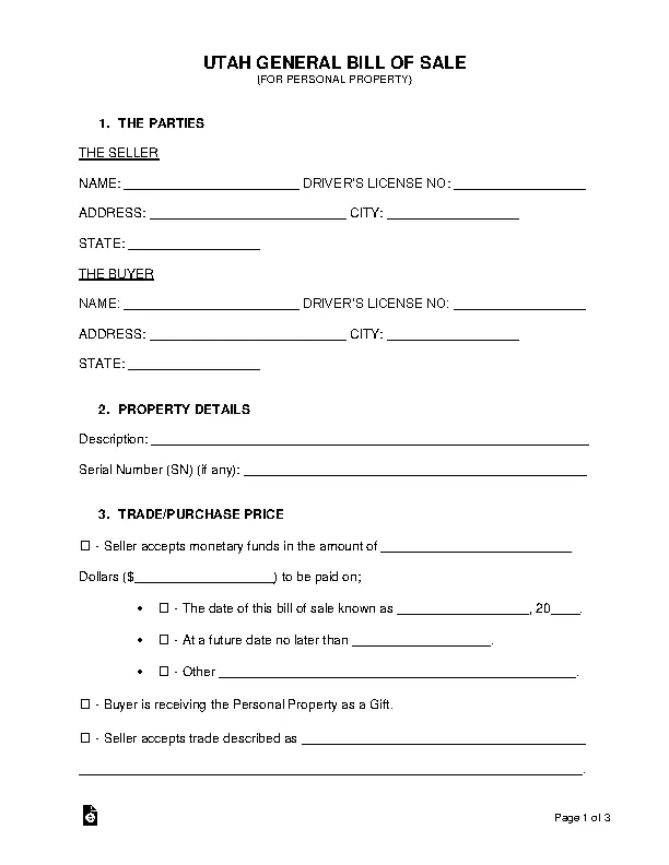 Utah General Personal Property Bill Of Sale