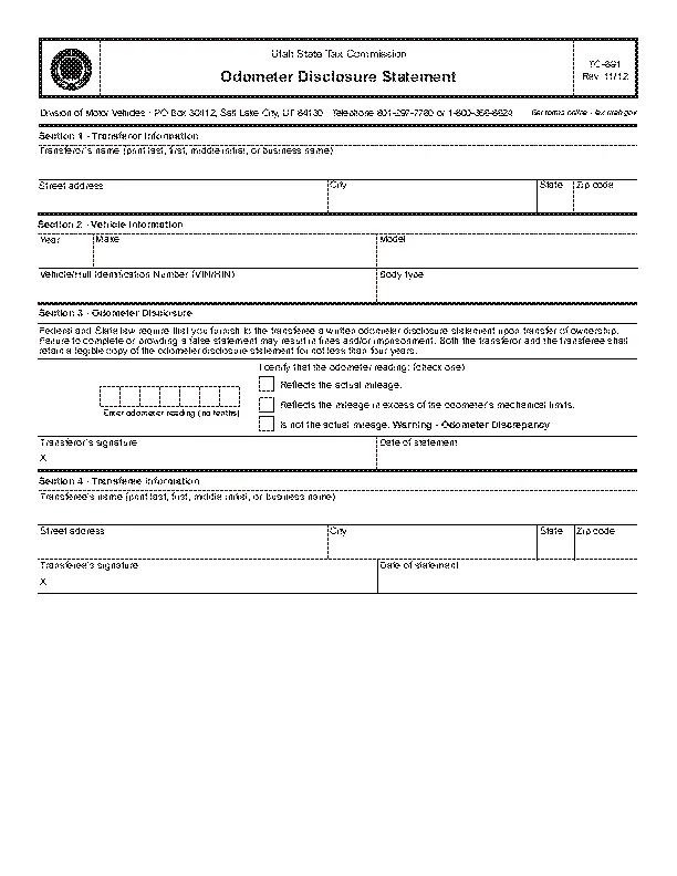 Utah Odometer Disclosure Statement Form Tc 891