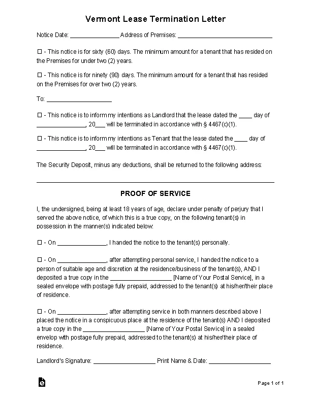 Vermont 60 90 Day Lease Termination Letter