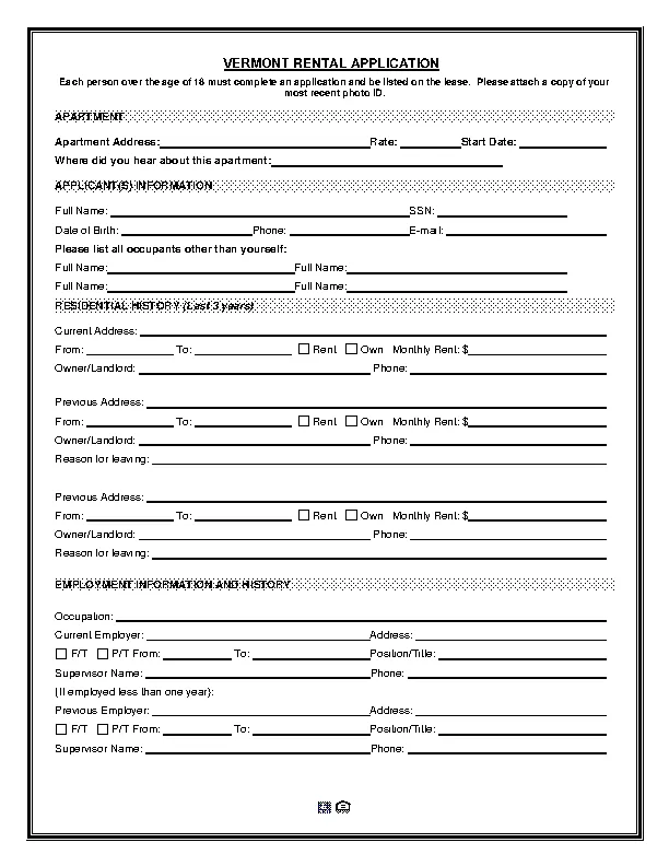 Vermont Rental Application Form