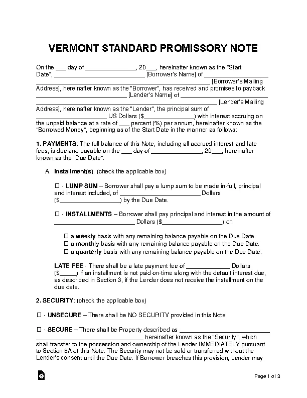 Vermont Standard Promissory Note Template
