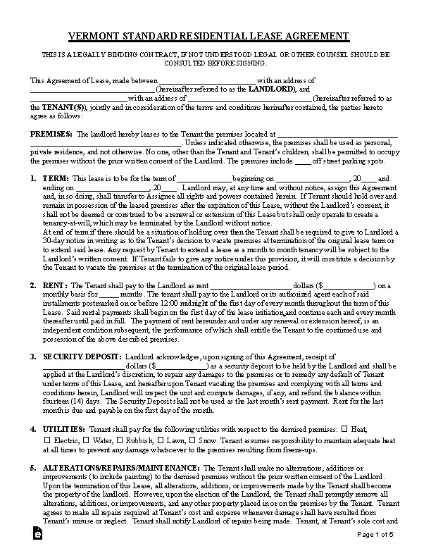Vermont Standard Residential Lease Agreement Template