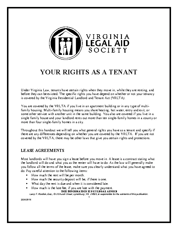 Virginia Legal Aid Society Your Rights As Tenant