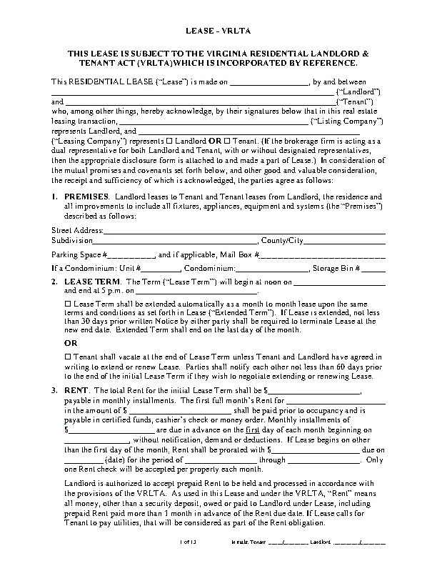 Virginia Standard Residential Lease Agreement Form 1