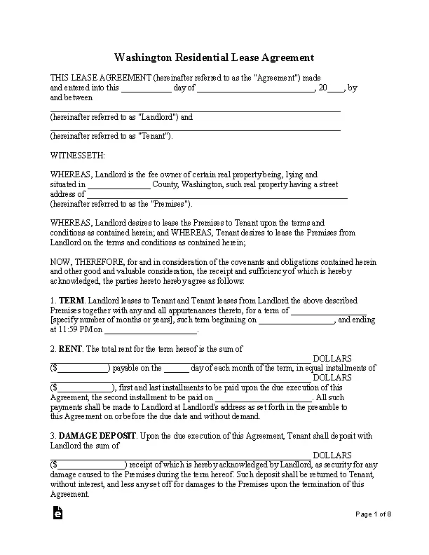 Washington Standard Residential Lease Agreement Template