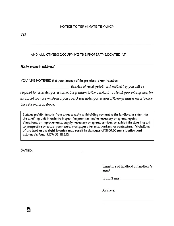 Washington State 20 Day Notice To Quit Form
