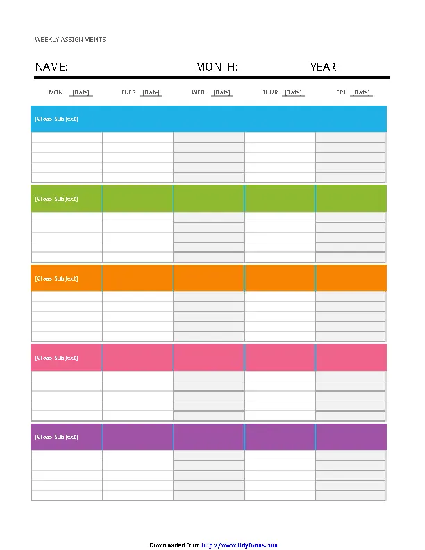 Weekly Assignment Calendar Template - PDFSimpli