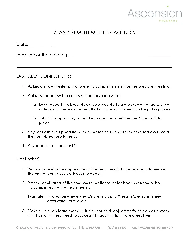 Weekly Management Meeting Agenda Example