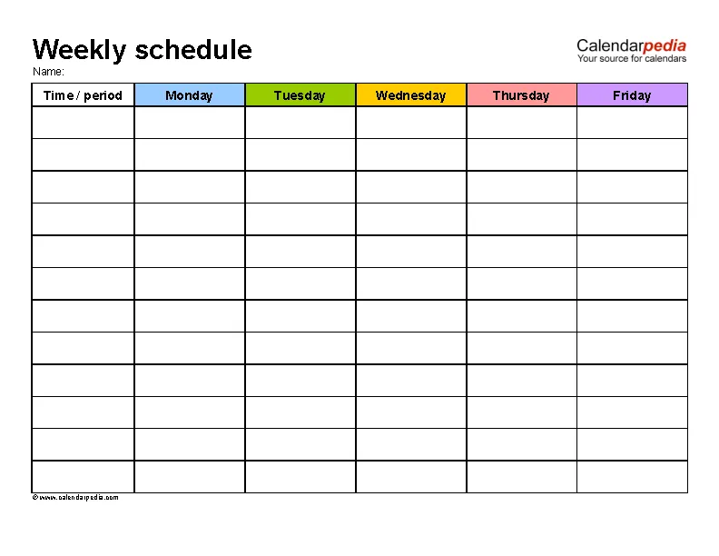 Weekly Schedule Monday To Friday In Color
