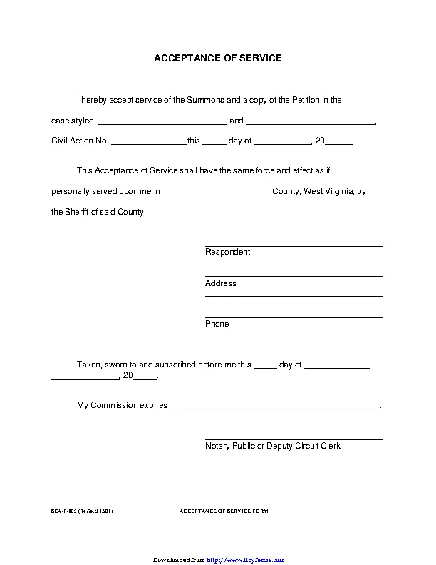 West Virginia Acceptance Of Service Form