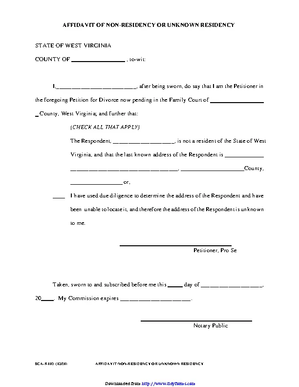 West Virginia Affidavit Of Non Residency Or Unknown Residency Form
