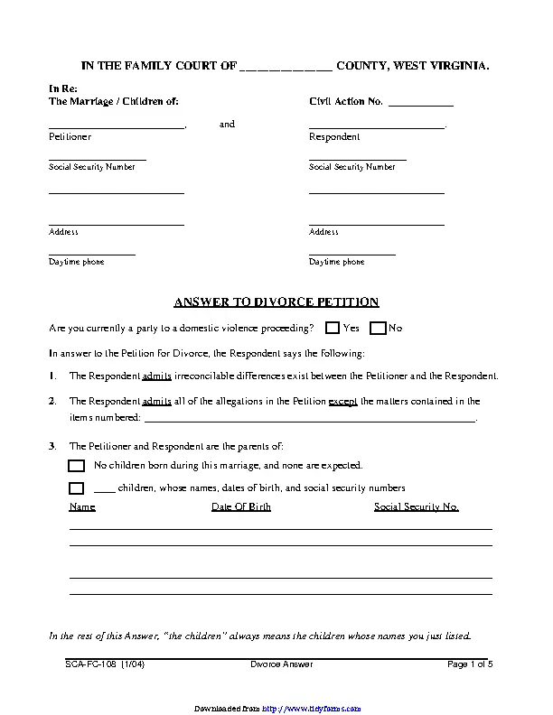 West Virginia Answer To Divorce Petition Form