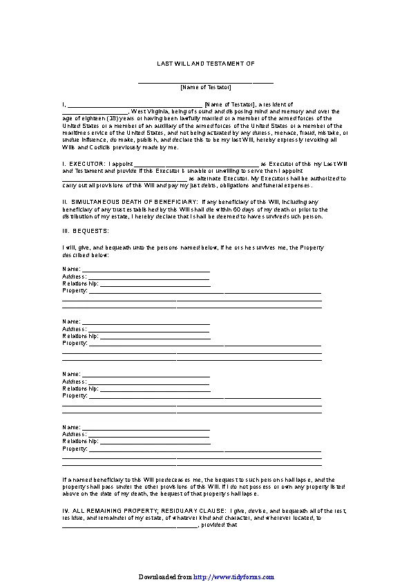 West Virginia Last Will And Testament Form