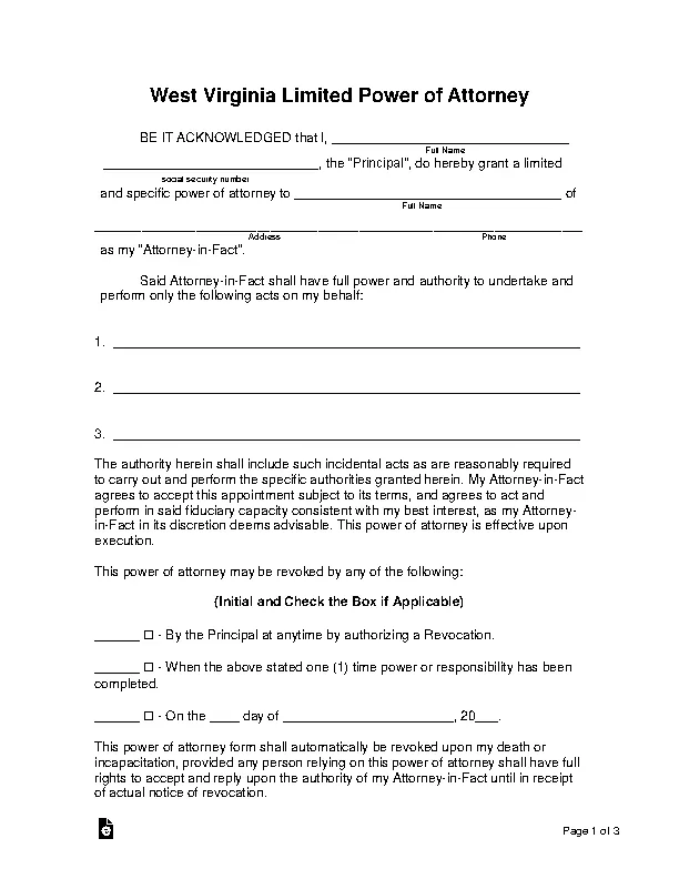 West Virginia Limited Power Of Attorney Form