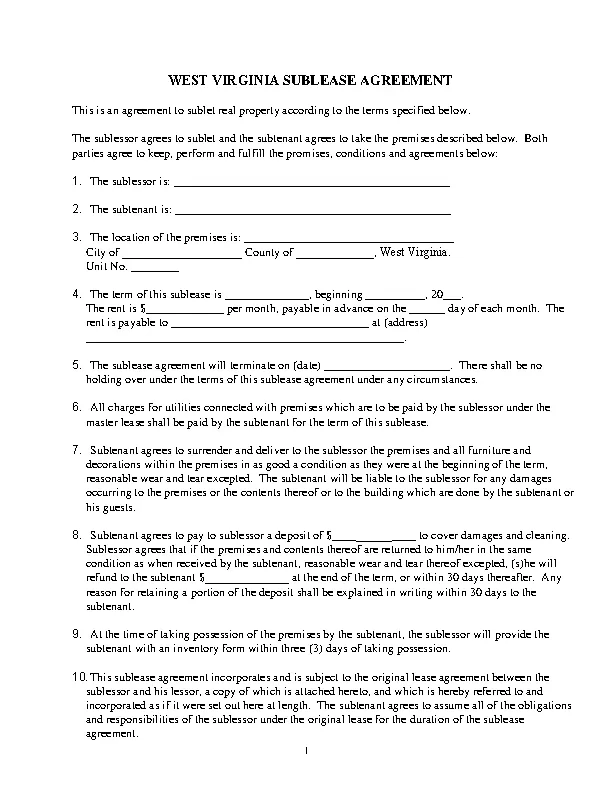 West Virginia Sublease Agreement