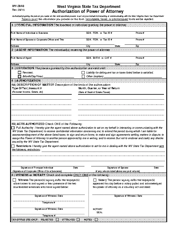 West Virginia Tax Power Of Attorney Form Wv2848