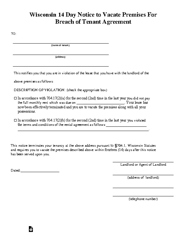 Wisconsin 14 Day Notice To Quit Form