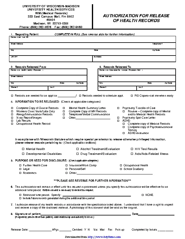 Wisconsin Medical Records Release Form 1