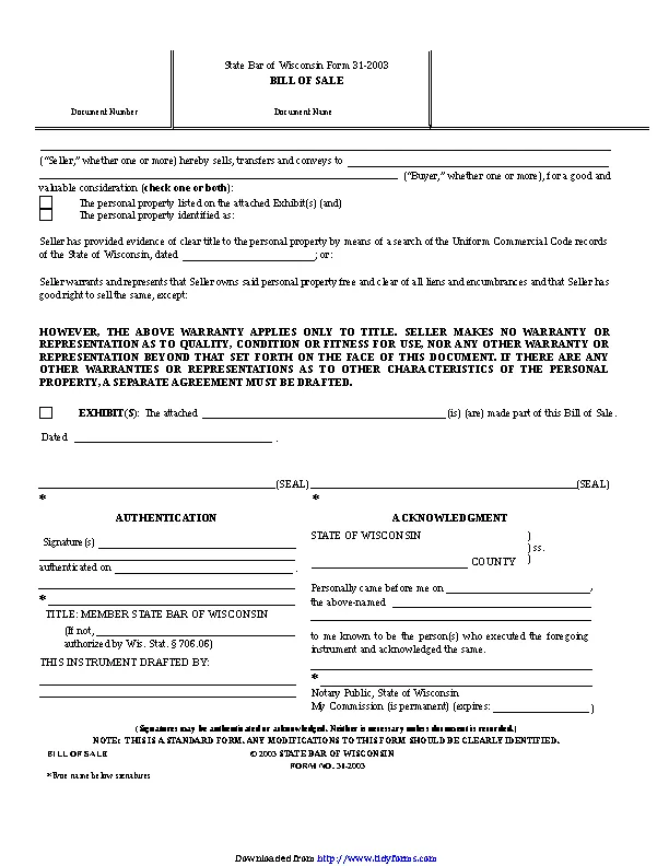 Wisconsin Personal Property Bill Of Sale Form - PDFSimpli