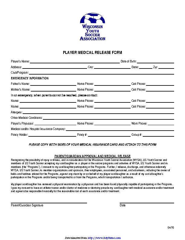 Wisconsin Player Medical Release Form