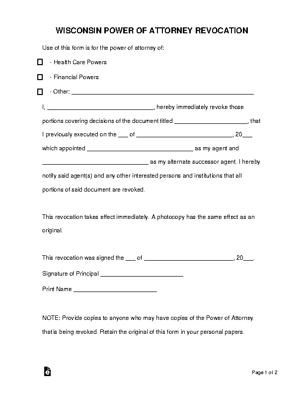Wisconsin Power Of Attorney Revocation Form