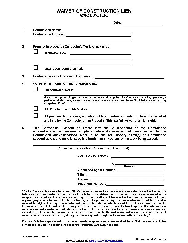 Wisconsin Waiver Of Construction Lien
