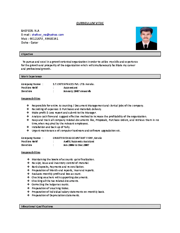Word Format Charted Accountant Resume