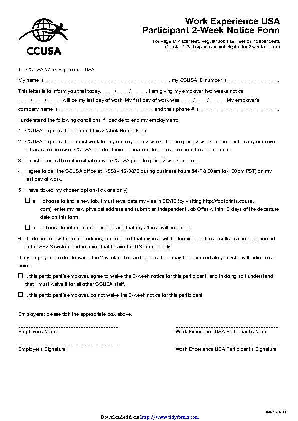Work Experience Usa Participant 2 Week Notice Form