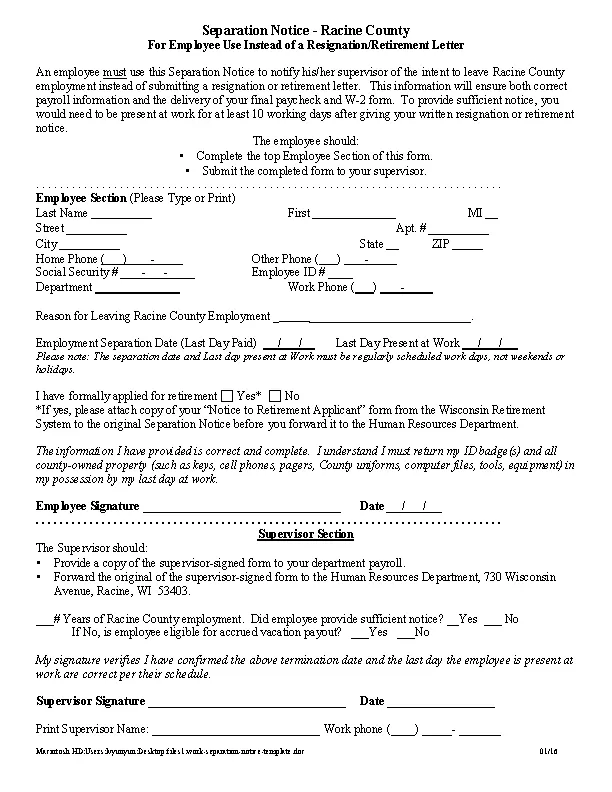 Work Separation Notice Template - PDFSimpli