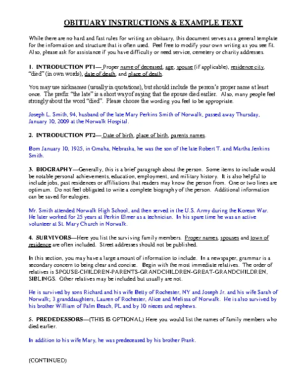 Writing Insructions For Obituary Template Example PDFSimpli