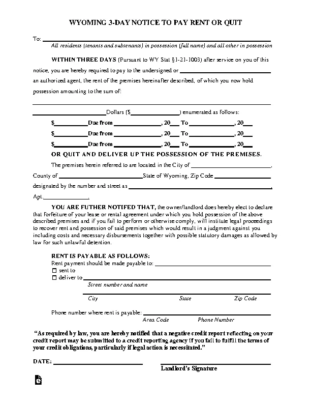 Wyoming 3 Day Notice To Quit Form