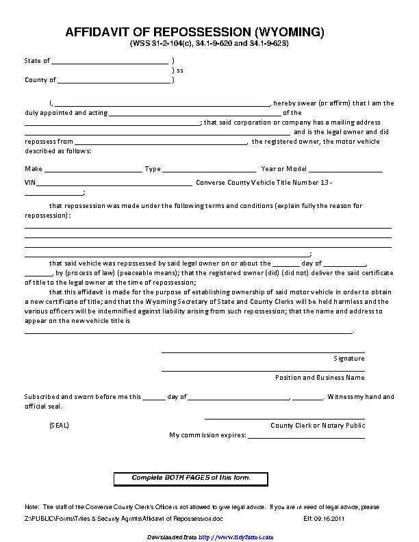 Wyoming Affidavit Of Repossession Form - PDFSimpli