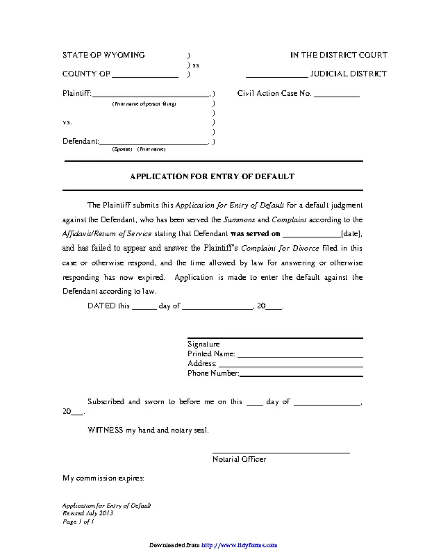 Wyoming Application For Entry Of Default Form