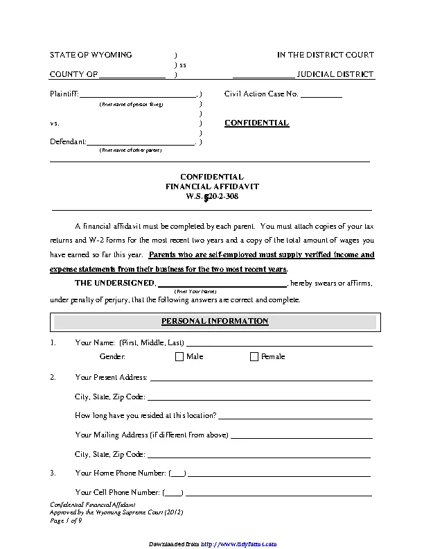 Wyoming Confidential Financial Affidavit Form - PDFSimpli