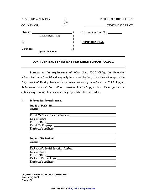 Wyoming Confidential Statement For Child Support Order Form