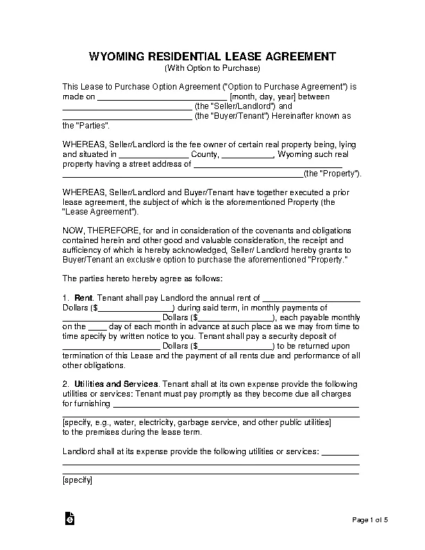 Wyoming Lease With Option To Purchase Form
