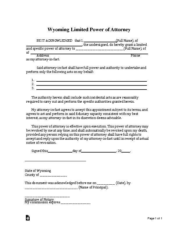 Wyoming Limited Power Of Attorney