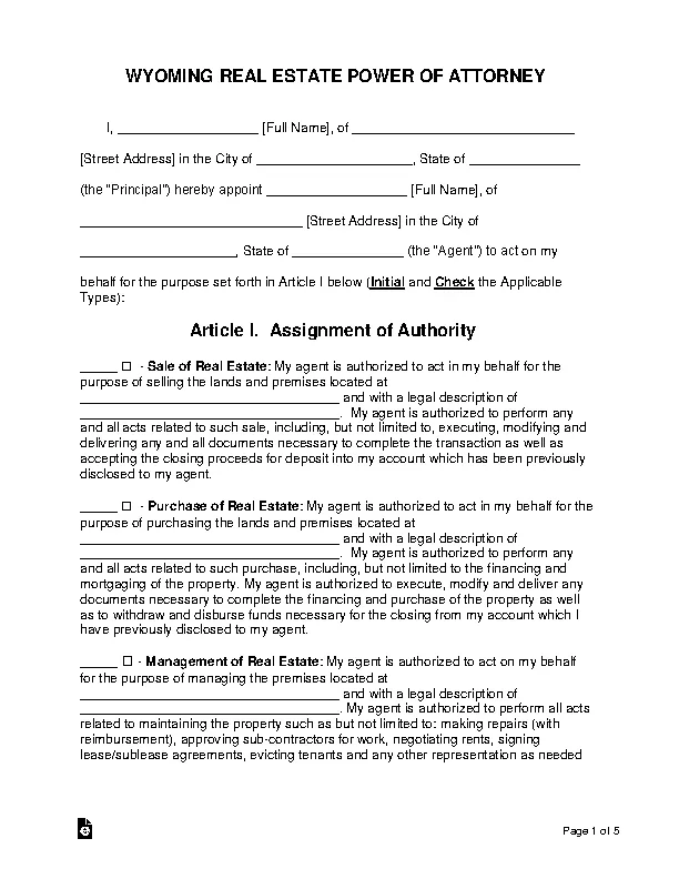 Wyoming Real Estate Power Of Attorney Form