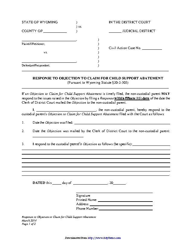 Wyoming Response To Objection To Claim For Child Support Abatement Form ...