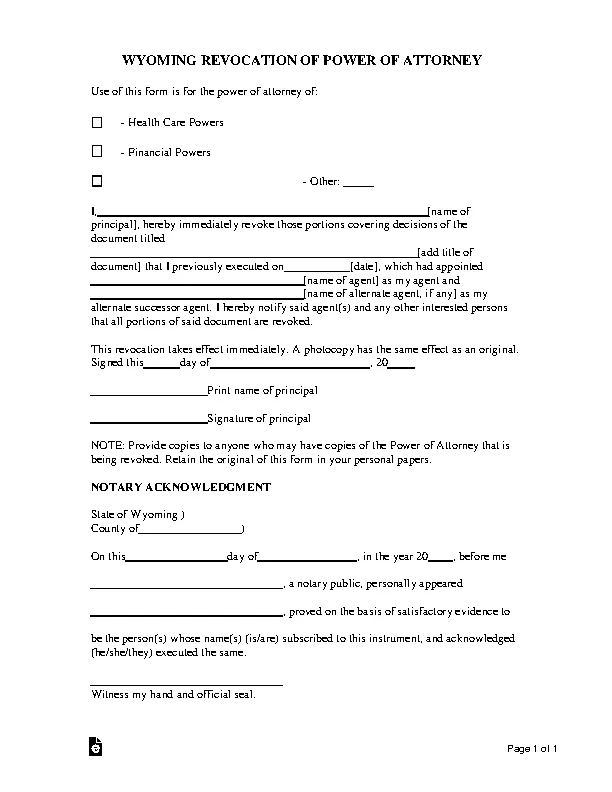 Wyoming Revocation Of Power Of Attorney Form