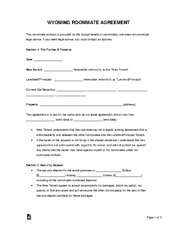Wyoming Roommate Agreement Form