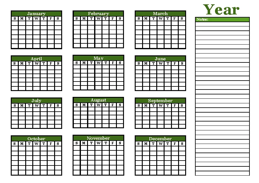 Year Calendar Notes Landscape 1