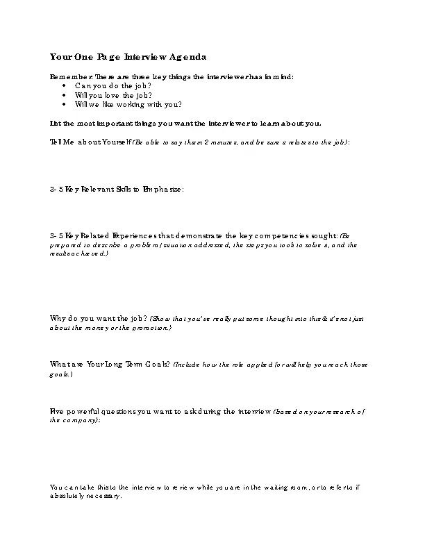 Your One Page Interview Agenda Fillable PDF Form